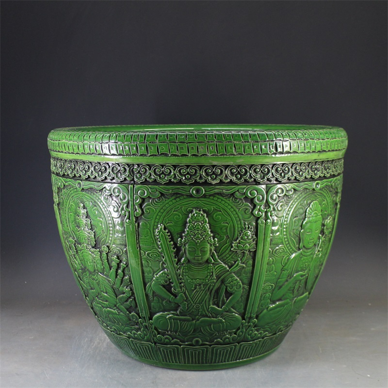 清代乾隆帝のエメラルドグリーン釉浮彫窓仏像大軸絵壺骨董品アンティーク磁器装飾品古美術コレクション