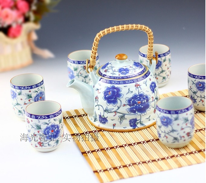 Hoa màu xanh hoa tulip gốm sứ 7 đầu dầm bộ trà phù hợp với bộ phận ấm trà ấm trà - Trà sứ am tra