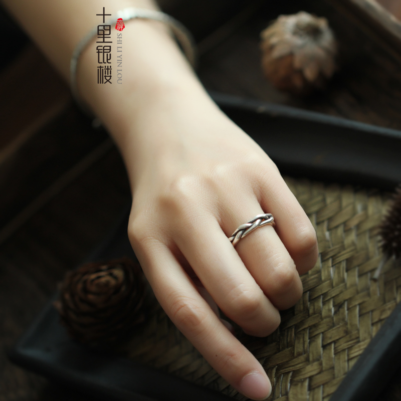 Thai Chiang Mai pure handwoven thread hemp flowers S925 pure silver ring lovers to ring retro ancient Thai silver ring