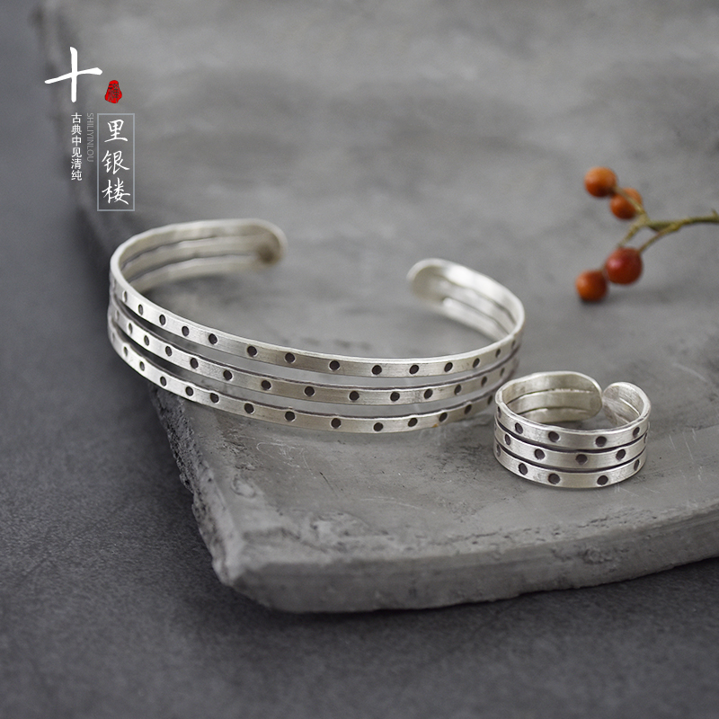 Thai silver bracelet Thai Chiang Mai personality national wind bracelet retro fashion opening ring 925 pure silver ring-Taobao