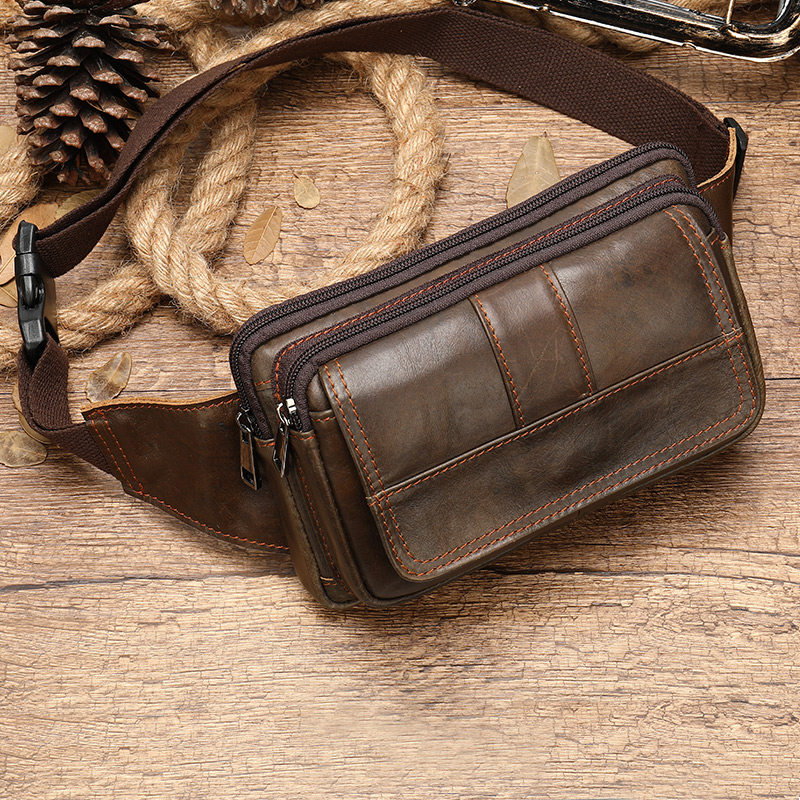 Waist bag men's bag leather multi-function bag retro mobile phone bag cowhide bag chest bag men's shoulder bag multi-layer small bag lightweight