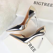 Teenage Girl 100 Hitch High Heels Girl Net Red New Big Code Career Shoes Work Shoes Fine Heel Pointed Silver Single Shoes