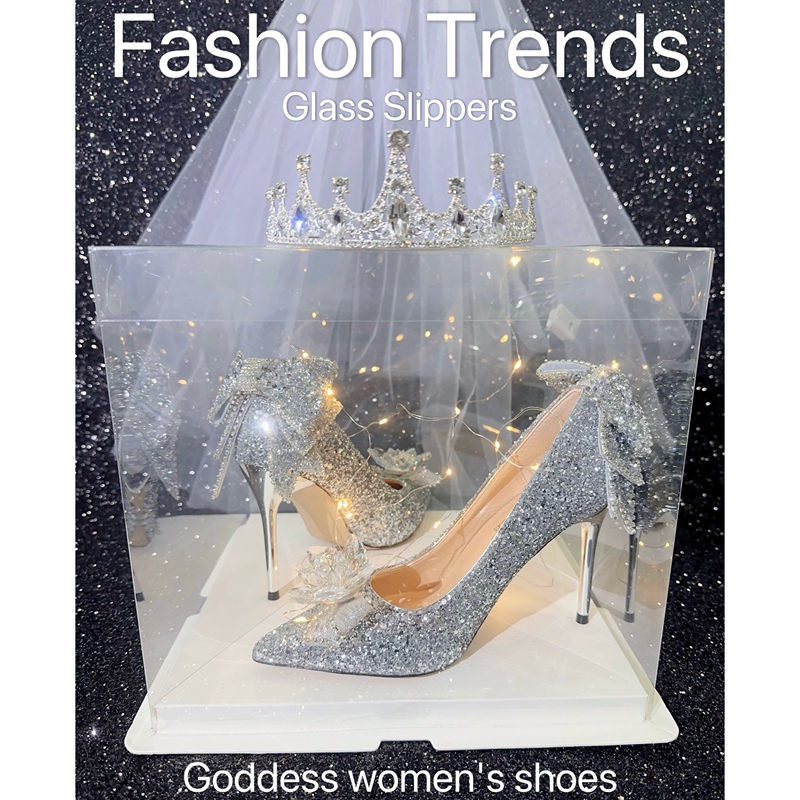Beautiful Crystal High Heels for Women, 18-Year-Old Coming-Of-Age Ceremony Stiletto Heels with Bow, Bridal Shoes to Match the Main Wedding Dress, Elegant Wedding Shoes