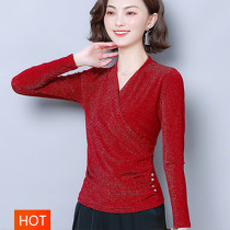 Autumn V-neck bright silk yarn square dance ballroom dance top Long-sleeved national standard dance female Latin dance practice dress is thin