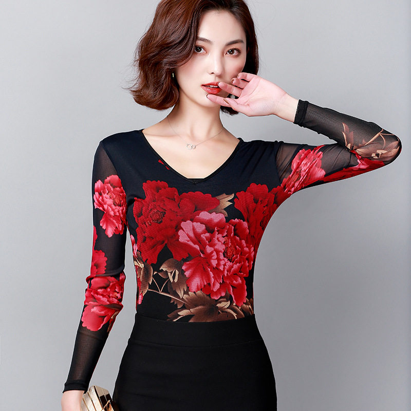 Spring new printed net yarn dance practice Gongwear V Pilot's Latin dance blouses women's rehearsal dance square dance