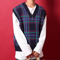Dongdaemun Quần áo nam Hàn Quốc mua tinh tế phối màu kẻ sọc tương phản màu V-cổ lỏng áo vest đan vai áo dệt kim tay ngắn