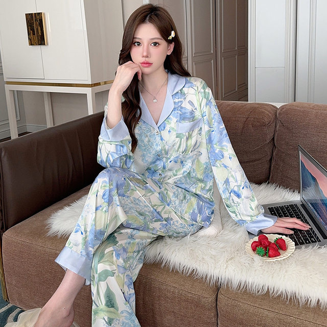 2024 New Pajamas ແມ່ຍິງ Ice Silk Long Sleeve Printed Set Internet Celebrity Summer Air-conditioned College Student Clothes