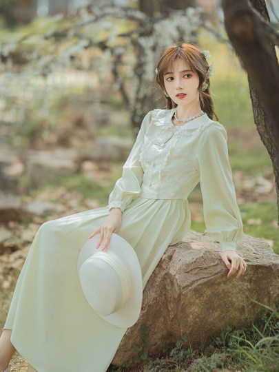 Literary retro doll collar age-reducing girl jacquard and improved cheongsam fake two-piece national style dress sweet and fresh