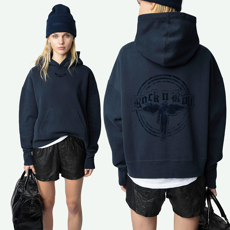 25 Spring New French Niche Brand Zv Hoodie with Front Wing Print and Angel Flocking on the Back, Fleece-Lined Women's Hooded Sweatshirt