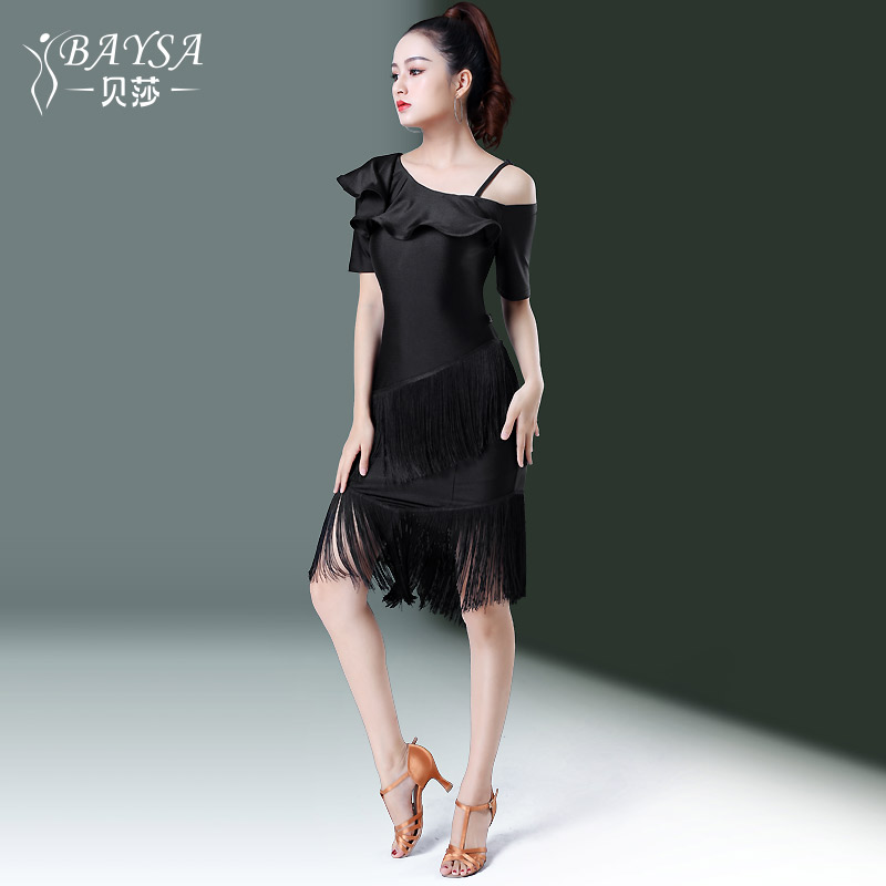 Betha 2021 Spring Summer New Latin Dance Dress Adult Female Skewed Shoulders Sexy Tandem Dress Fluor Su Precisely Acted Out-Taobao