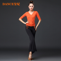 Imperial concubine Latin dance costume female adult V-collar middle sleeve shirt wide leg pants set dance costume practice uniforms