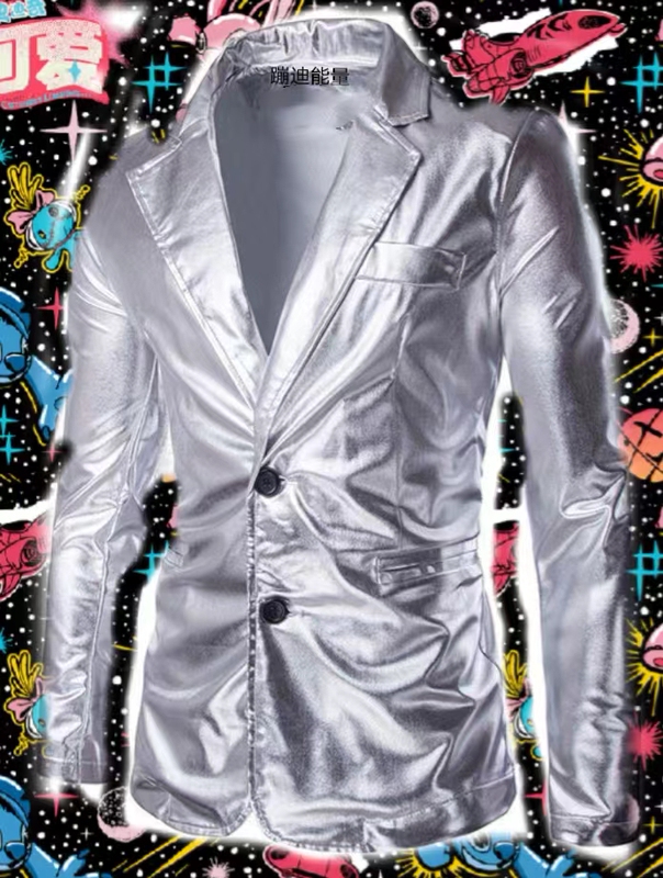 Men's Gold and Silver Shiny Faux Leather Suit Street Style Gold-Stamped Blazer Host Stage Outfit