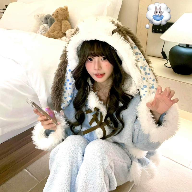 Cute Plush Puppy Coral Fleece Pajamas for Women Winter 2026 New Thickened Warm Hooded Loungewear Set