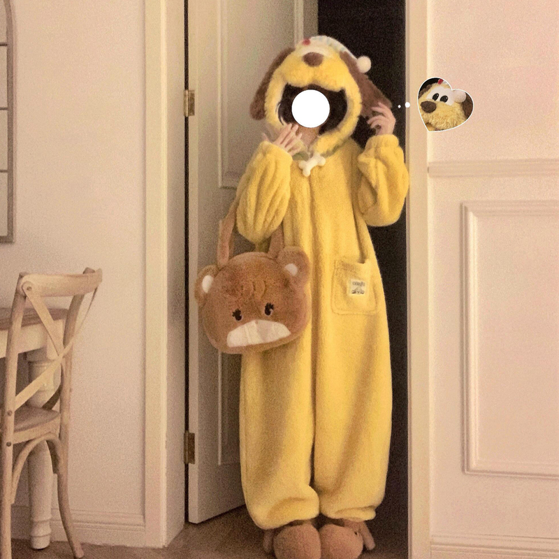 One-Piece Pajamas for Women, New Winter Style, Thickened Coral Velvet, Cute Puppy Hooded Plush Warm All-In-One Home Wear One-Piece Pajamas for Women, New Winter Style, Thickened Coral Velvet, Cute Puppy Hooded Plush Warm All-In-One Home Wear