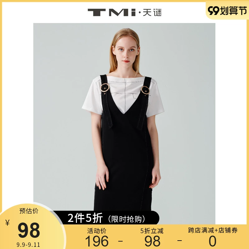 TMi Tian Mi dành cho phụ nữ Mùa hè Sản phẩm mới Cổ chữ V Đơn giản Dây đeo màu đen Chân váy dài trung bình 192018 - Sản phẩm HOT