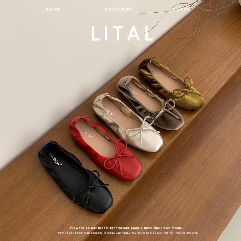 Super Soft Sheepskin~ Bowknot Flat Shallow-Mouthed Women's Shoes, Square-Toe Soft-Soled Ballet Granny Shoes, Slip-On Loafers