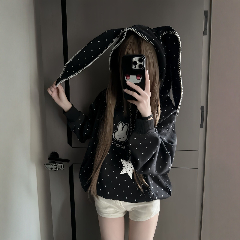 Korean-Style Polka Dot Rabbit Ear Hooded Sweatshirt for Women 2026 New Loose Niche Design Embroidered Jacket Trendy Top