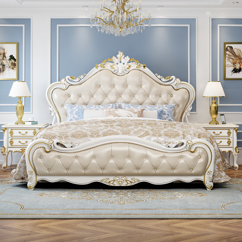 European-Style Solid Wood Bed for Master Bedroom 1.8m White Princess Bed Double Bed 2m Large Bed Modern Simple Light Luxury Wedding Bed