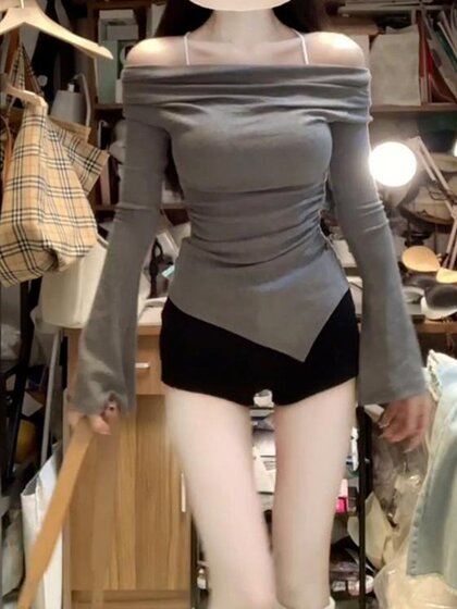 一字肩喇叭袖长袖女春秋甜辣风辣妹修身打底衫不规则掐腰显瘦上衣