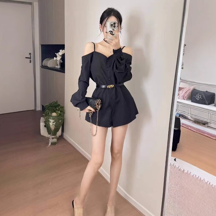 Spring New Style French Elegant Off-Shoulder Long-Sleeve Shirt Dress for Women, Waist-Cinching Slimming Short Camisole Dress Spring New Style French Elegant Off-Shoulder Long-Sleeve Shirt Dress for Women, Waist-Cinching Slimming Short Camisole Dress