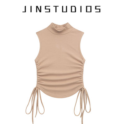 A retro high-neck side-drawstring sleeveless vest with a slim and ultra-short American-style versatile top for the summer of 25