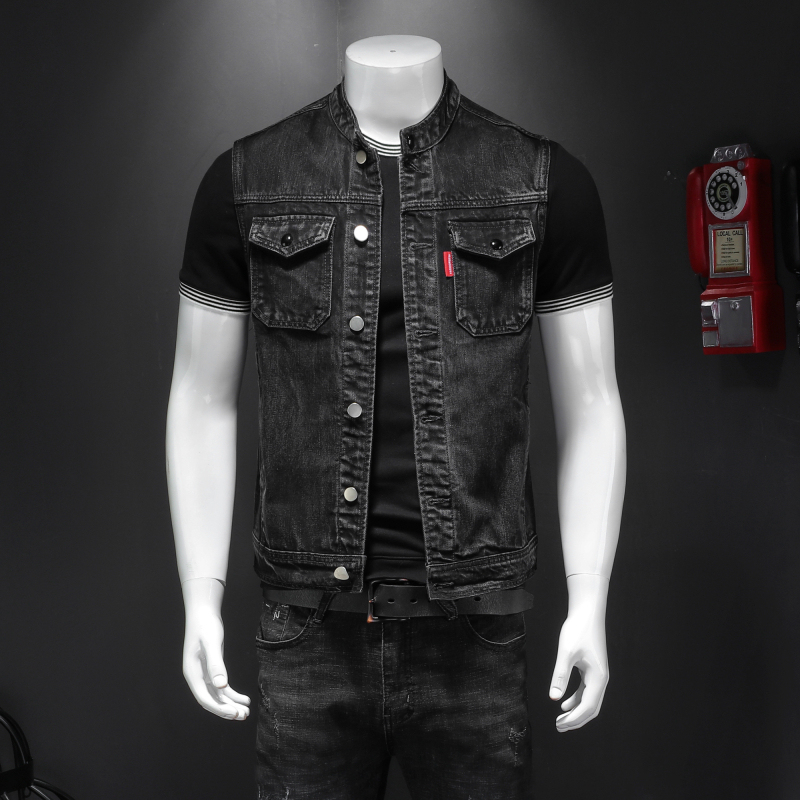 European Style Spring Biker Denim Vest Men's Sleeveless Denim Jacket Fashion Trendy Slim Fit Outerwear