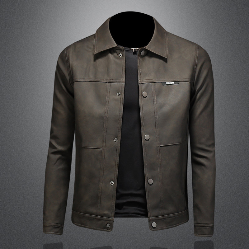 European Style Motorcycle Leather Jacket for Men 2026 New Autumn Turn-Down Collar Trendy Korean Version Slim Casual Leather Jacket
