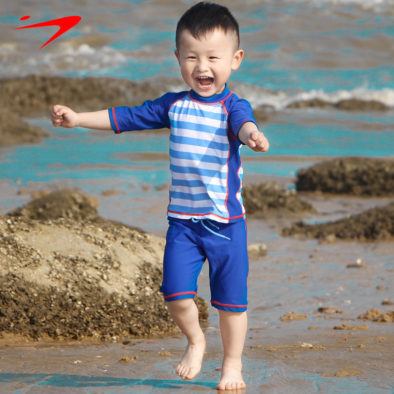 Boys swimwear two-piece striped boxer sports outdoor sunscreen mid-sleeve children's beach quick-drying swimwear surfing suit