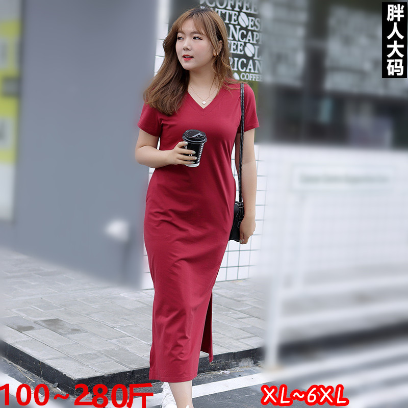 v领开叉包臀连衣裙女夏装250/280斤加肥大码显瘦长裙 胸围140/150