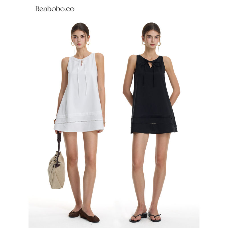 Reabobo.Co 100 Tencel Sleeveless Dress with Lace-Up Hollow Out Ruffle Pleated A-Line Tank Dress for Women Short Style