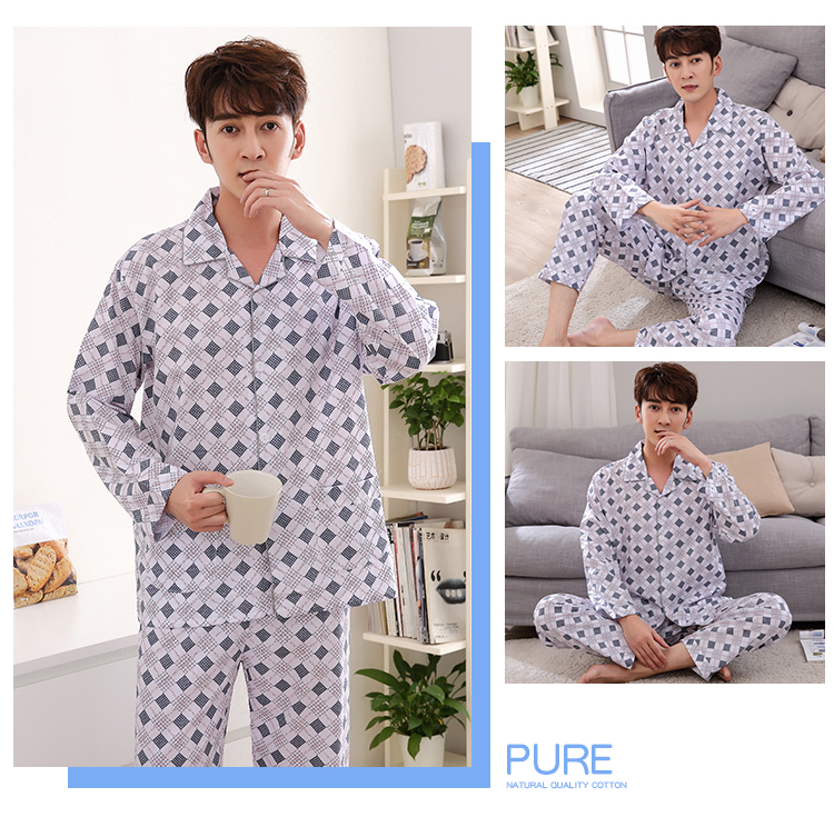 Bộ đồ ngủ cotton nam dài tay mùa xuân và mùa thu dệt bằng cotton cộng với phân bón XL dịch vụ tại nhà bộ khủng long dễ thương