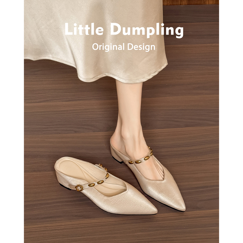 Sheepskin Version~5Cm Height-Increasing Heelless Wedge Soft-Soled Closed-Toe Slippers for Women with Metal Strap Pointed Toe Mule Sandals Sheepskin Version~5Cm Height-Increasing Heelless Wedge Soft-Soled Closed-Toe Slippers for Women with Metal Strap Pointed Toe Mule Sandals
