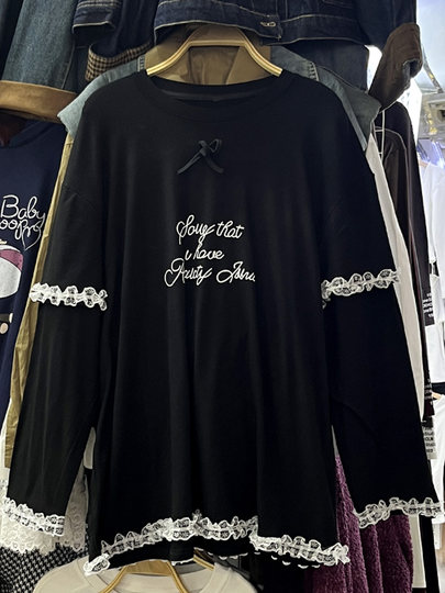 设计感蕾丝花边加绒长袖卫衣女秋冬新款宽松打底T恤衫中长款上衣