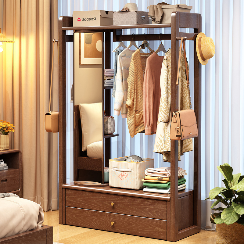 Solid Wood Coat Rack with Dressing Mirror, Floor-Standing Bedroom Home-Use Integrated Rotating Full-Length Mirror, Coat Rack, Multi-Functional Clothes Cabinet