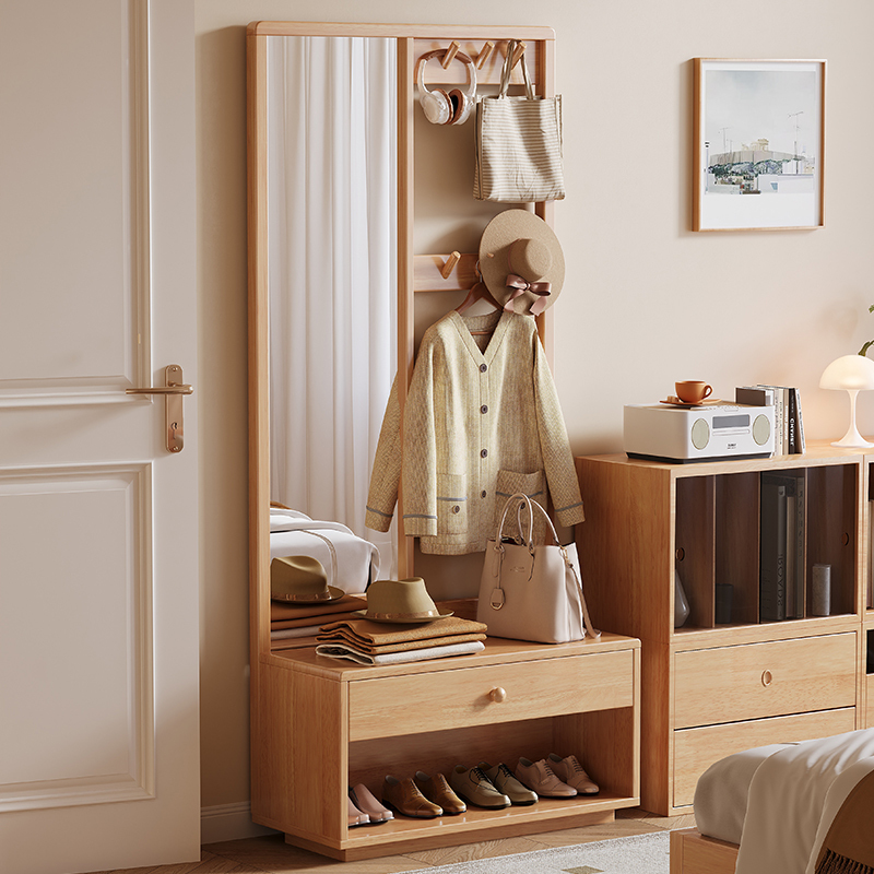 Solid Wood Dressing Mirror with Coat Rack, Shoe Bench, and Storage Shelf for Home Use at the Entrance, Floor-Standing Bedroom Storage Rack with Mirror Solid Wood Dressing Mirror with Coat Rack, Shoe Bench, and Storage Shelf for Home Use at the Entrance, Floor-Standing Bedroom Storage Rack with Mirror