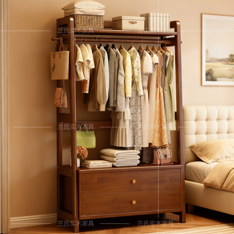 Solid Wood Bedside Table with Integrated Clothes Rack, Floor-Standing Bedroom Home Storage Rack, Multi-Functional Coat Rack with Drawers Solid Wood Bedside Table with Integrated Clothes Rack, Floor-Standing Bedroom Home Storage Rack, Multi-Functional Coat Rack with Drawers