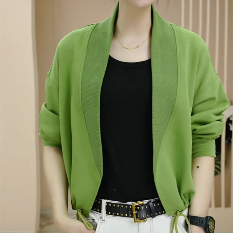 European-Style Buttonless Sweatshirt with a Stylish Design, Long-Sleeved Short Jacket, Spring Air Cotton Cardigan Top, Loose and Elegant Blouse