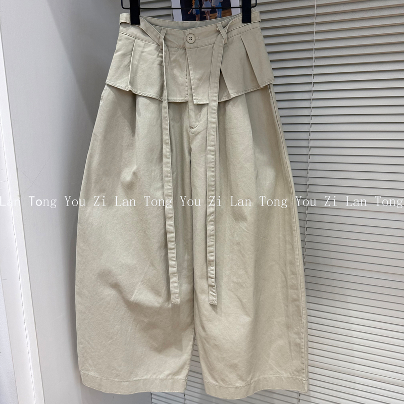 High-End European Goods 2026 Spring New High-Waisted Slimming Lace-Up Casual Pants for Women, Loose Straight-Leg Wide-Leg Pants