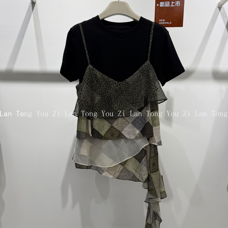 Ltyz High-End European Style Layered Patchwork Ribbon Strap Women's Color-Blocking Round Neck Short-Sleeve T-Shirt Two-Piece Set for Summer