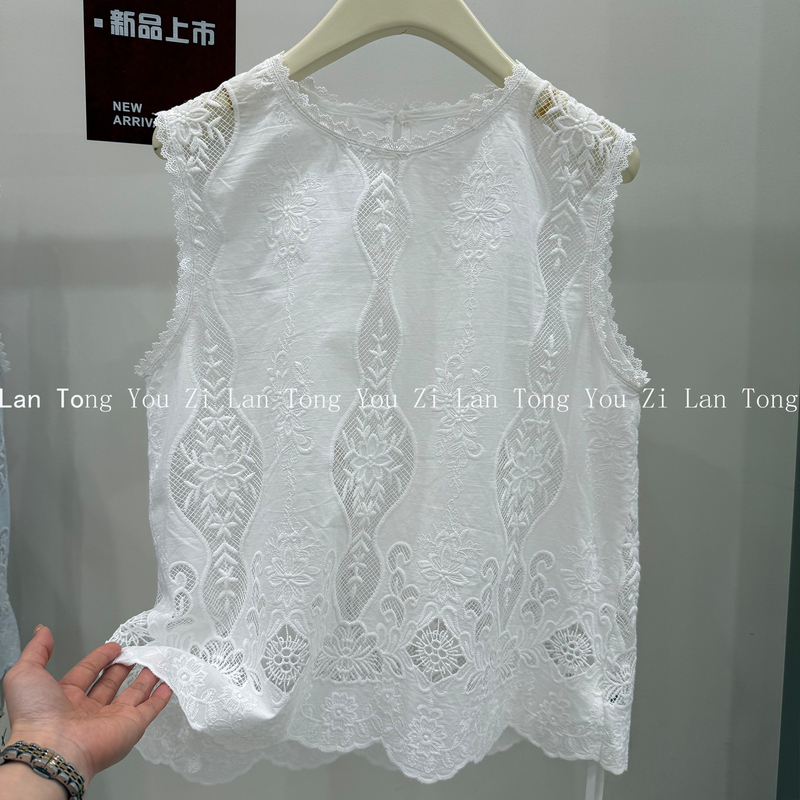 European-Style Heavy Embroidery Jacquard Sleeveless Vest Top for Women, Summer Design Lace-Trimmed Shirt Blouse