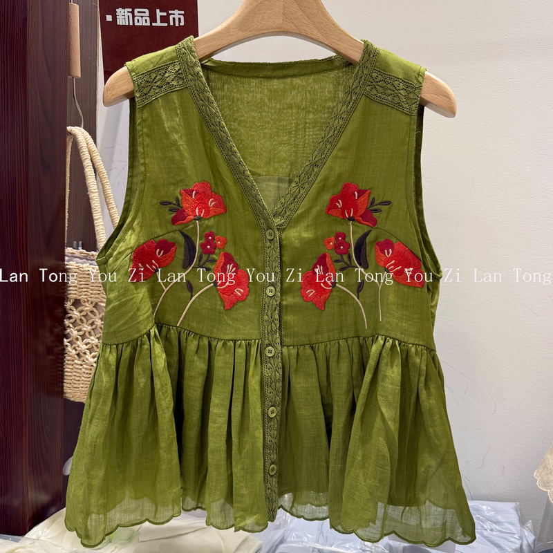 High-End European Summer New Style Floral Embroidered Vest for Women, Ramie Lace Splicing V-Neck Slimming Tank Top Blouse