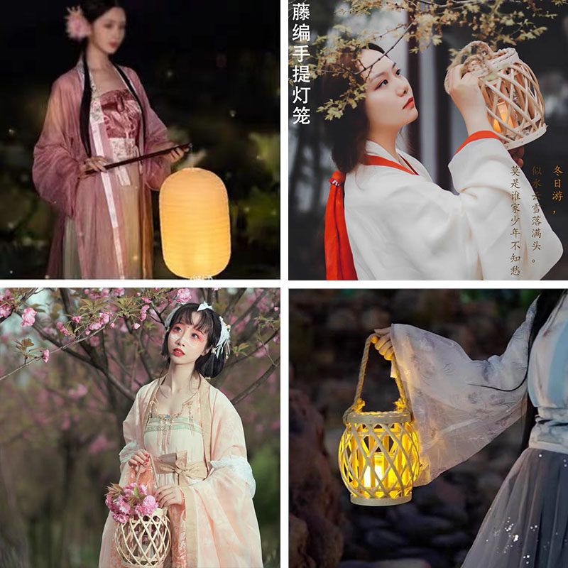 Antique lantern hand-held long wax gourd-shaped paper rattan lantern Hanfu photography photo props holiday decoration retro