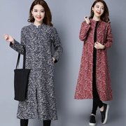 Áo dài cotton và vải lanh nữ 2018 mùa thu mới quốc gia đứng cổ áo retro khóa hoa áo khoác gió kích thước lớn