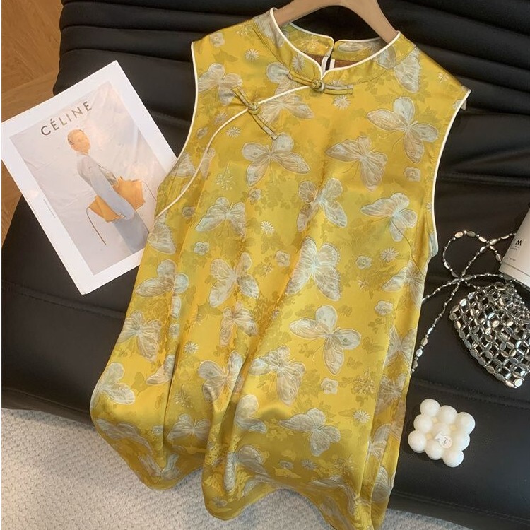 New Chinese Style National Trend Young Version Xiangyun Silk Cheongsam Top for Women, Summer Sleeveless Mid-Length Slit Mulberry Silk Shirt