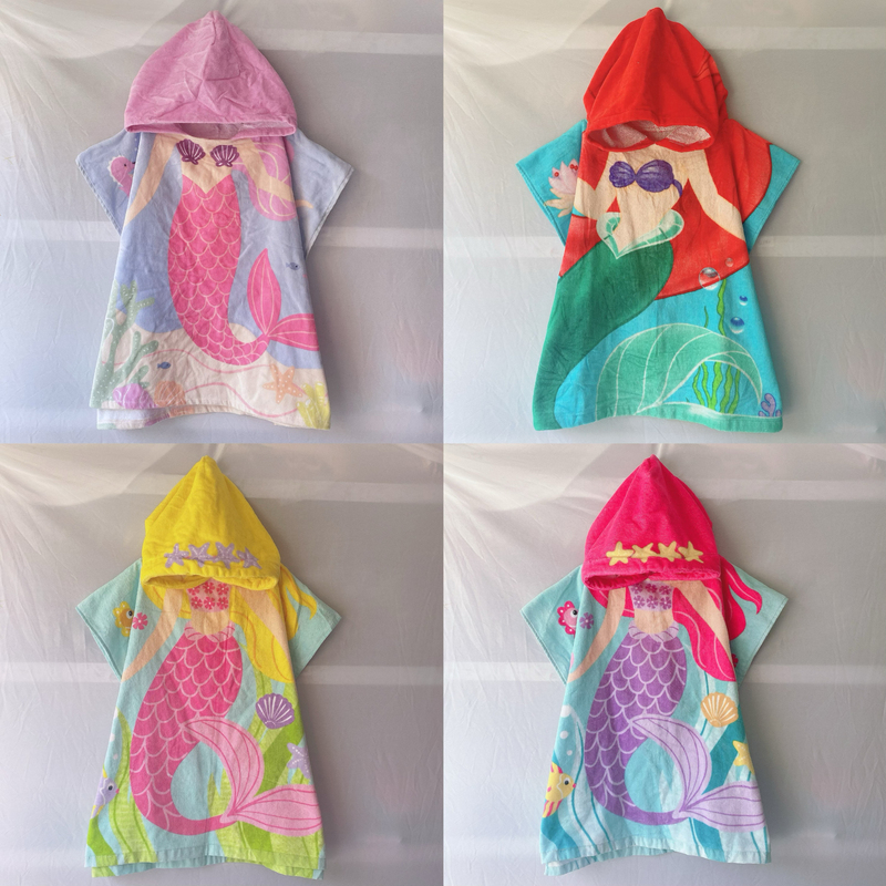 Beautiful Mermaid Princess Pure Cotton Absorbent Bath Towel, Cute Hooded Cape for Girls to Wear While Bathing, Swimming, and Playing in the Water