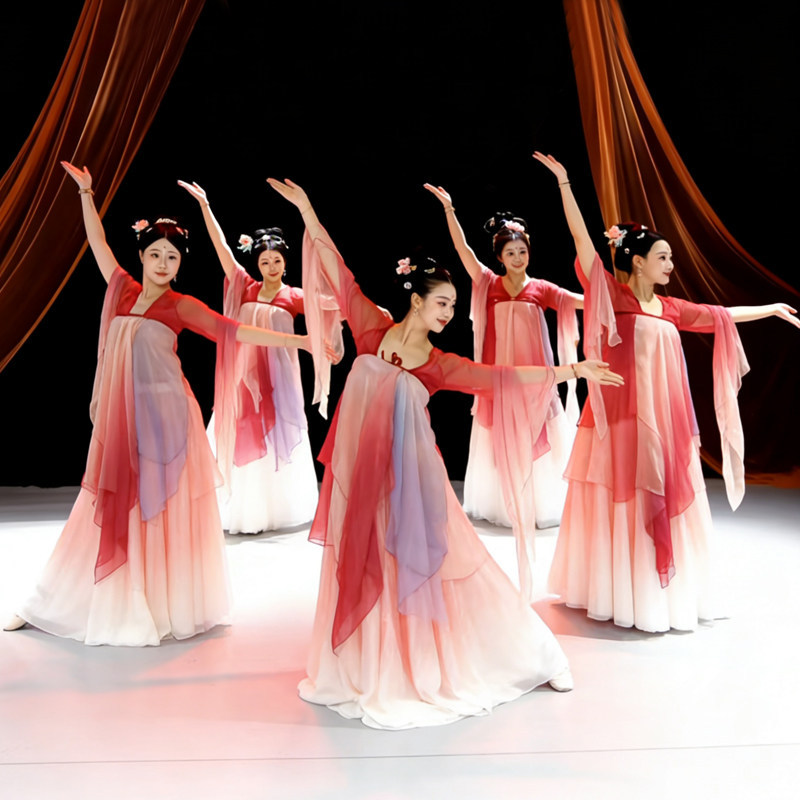 Classical Dance Double-Sided Yan Xun Performance Costume, Ethereal and Elegant Gauze Dress with Large Skirt, Chinese Dance Children's Performance Costume for Women