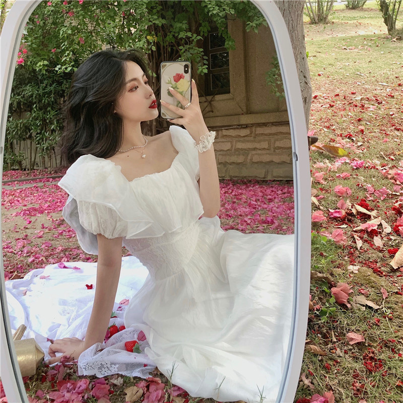 Design summer skirt, white dress, 2020, square neckline, open shoulders