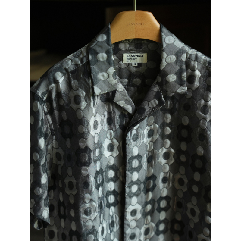 Lansyinli'Gray Tone Montage' Yarn-Dyed Polka Dot Lightweight Loose Cuban Collar Fashionable Short-Sleeved Shirt