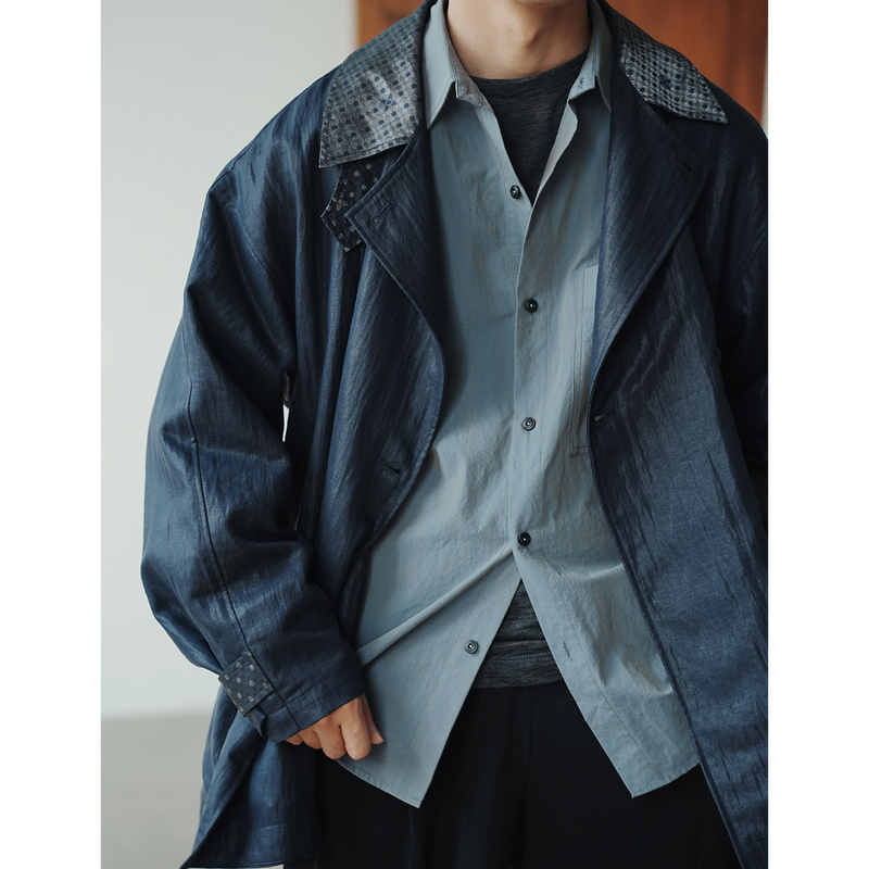Lansyinli'Night Crossing' Pleated Coating Double-Breasted Patchwork Lapel Short Coat Trench Coat Jacket