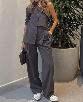 Sexy One Shoulder Irregular Top Loose Pants SuitIrregularTopLoosePantsSuit